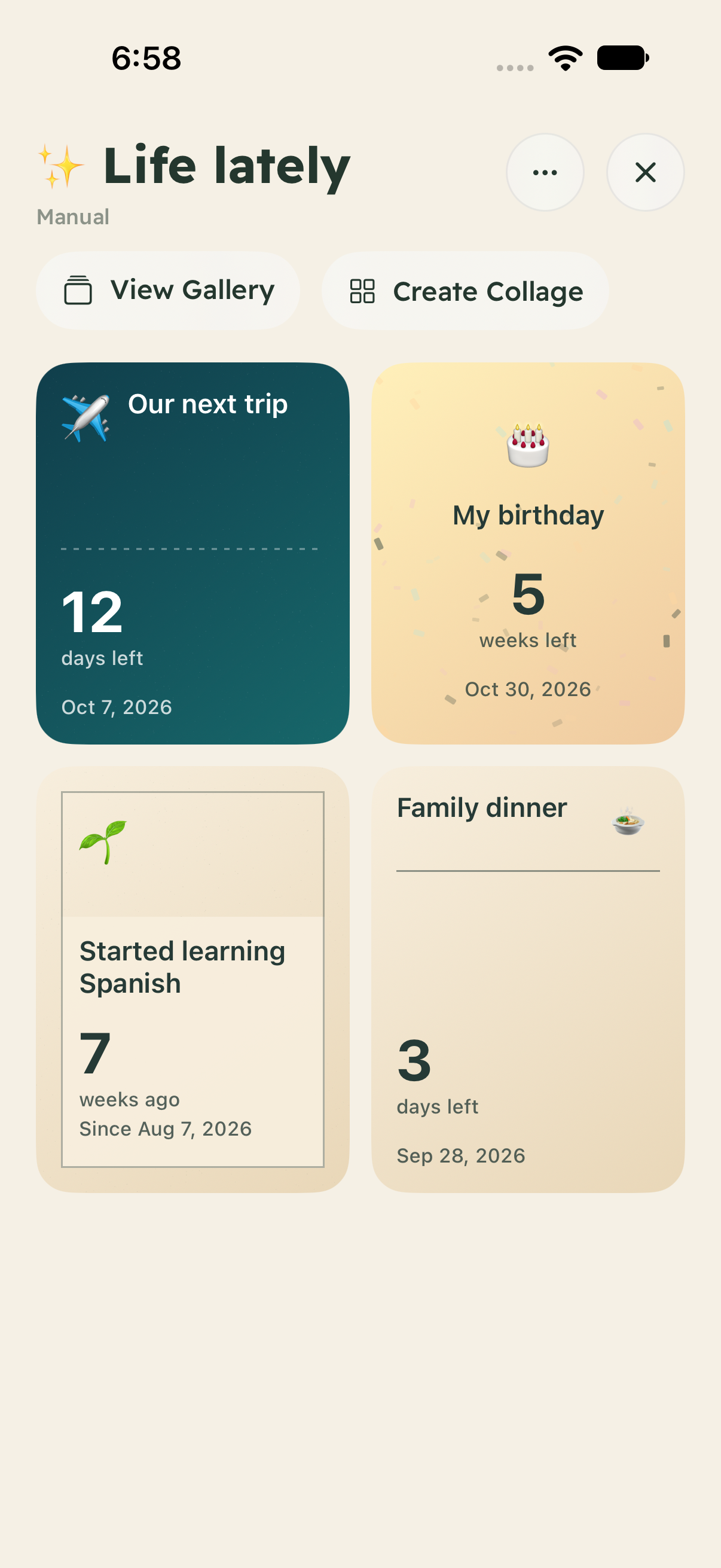 A custom Tawali board with a trip, birthday, learning milestone and family dinner