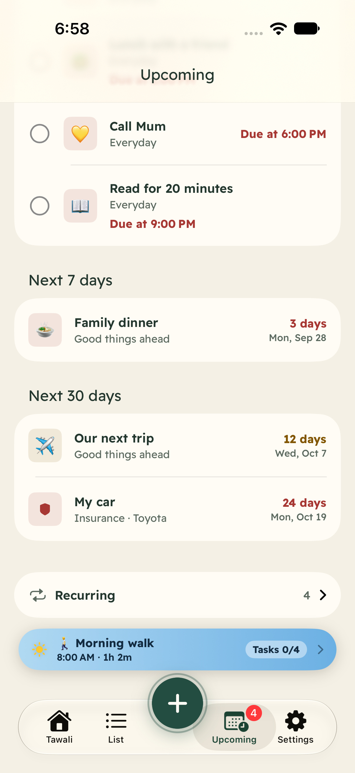Upcoming dates in Tawali, including family dinner, a trip and car insurance