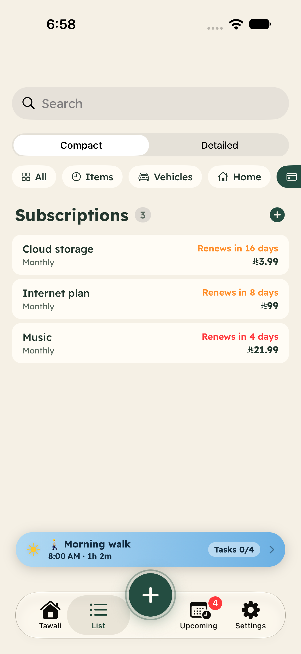 Populated subscriptions with internet, music and cloud storage costs and renewal dates